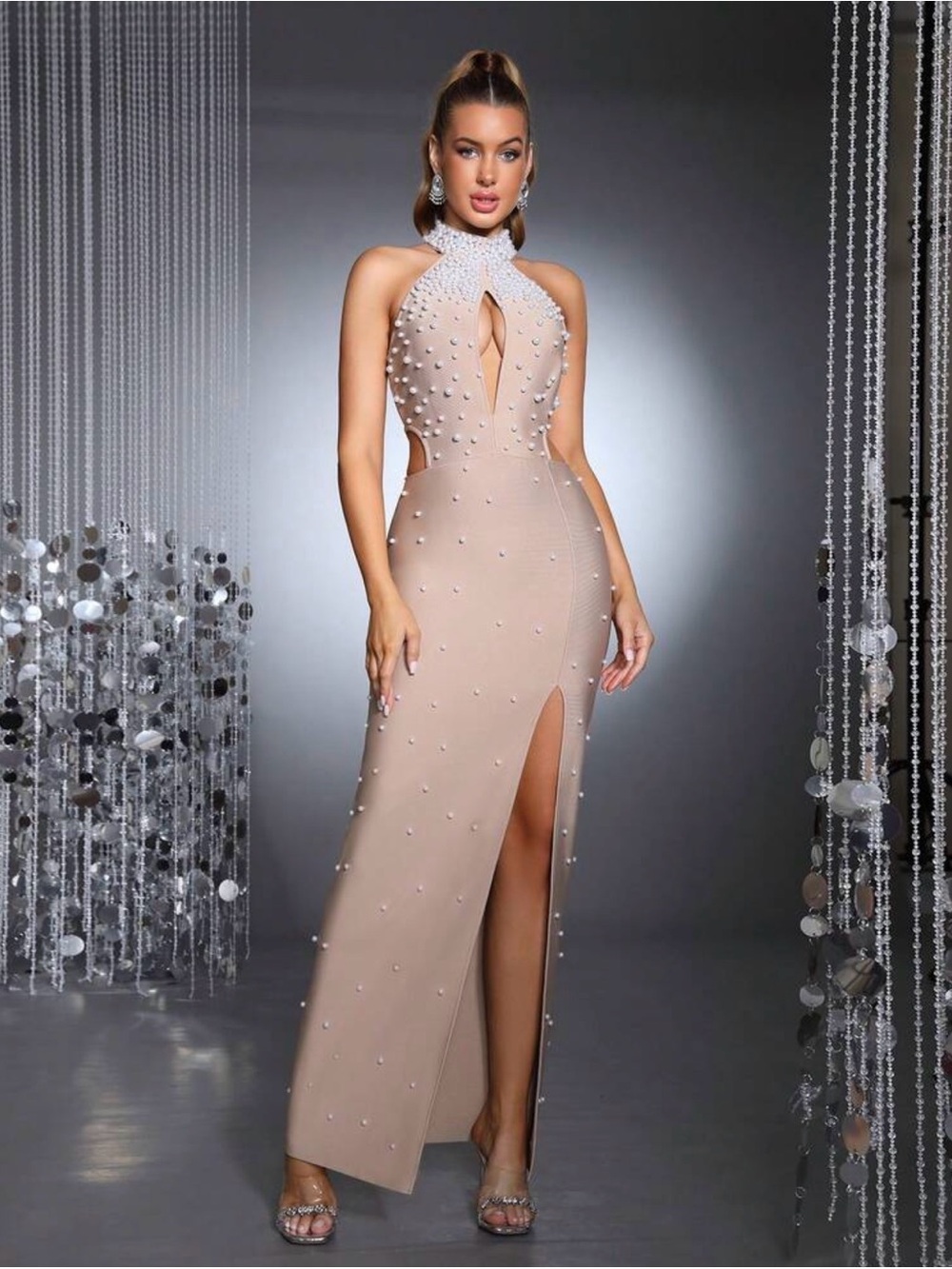 Nude Halter Pearl-Embellished Evening Gown